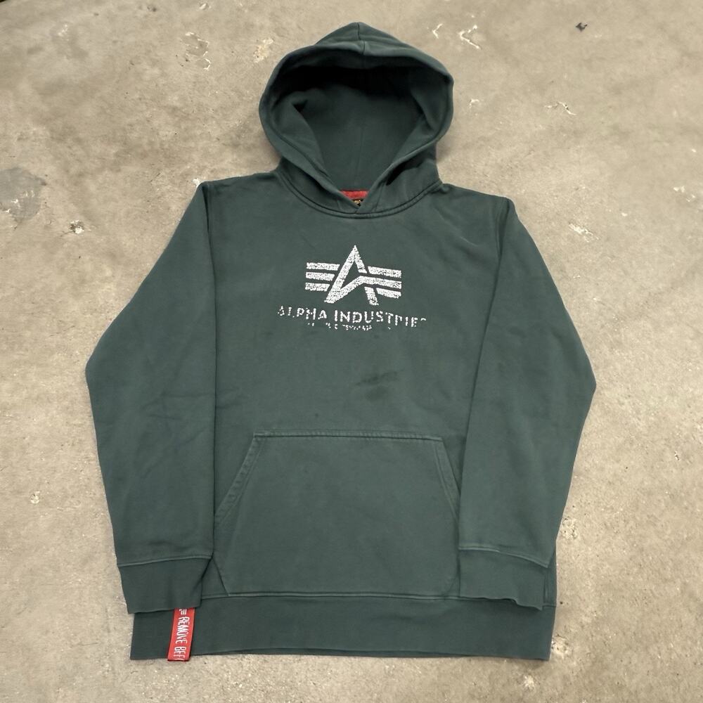 ALPHA INDUSTRIES MILITARY LOGO HOODIE PULLOVER SWEATSHIRT GREEN 2XL